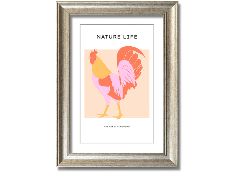 A beautifully framed print of The Walking Cockerel, showcasing vibrant colors and intricate details, ready to hang on the wall.