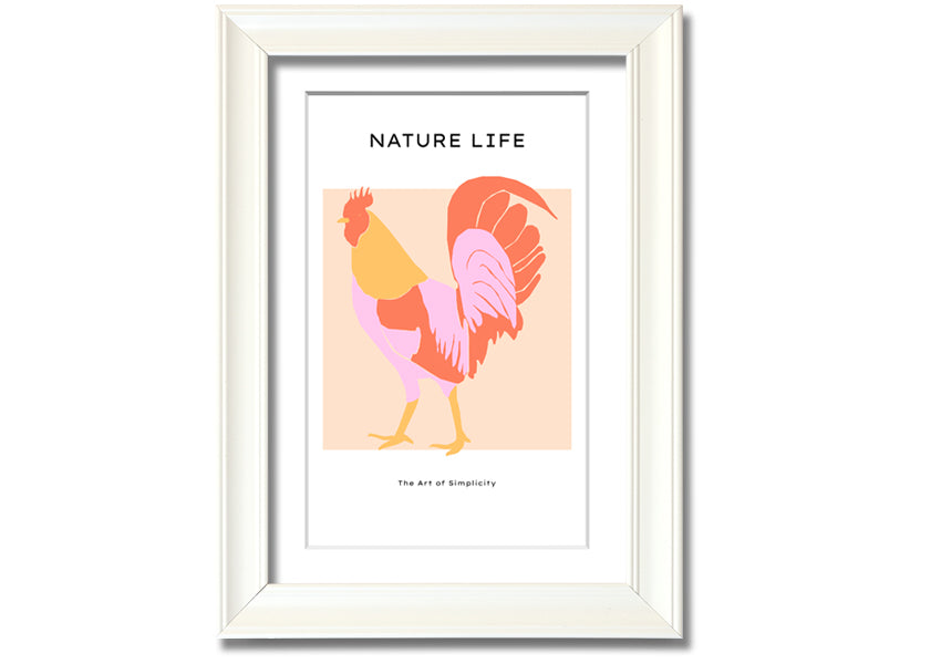 A beautifully framed print of The Walking Cockerel, showcasing vibrant colors and intricate details, ready to hang on the wall.