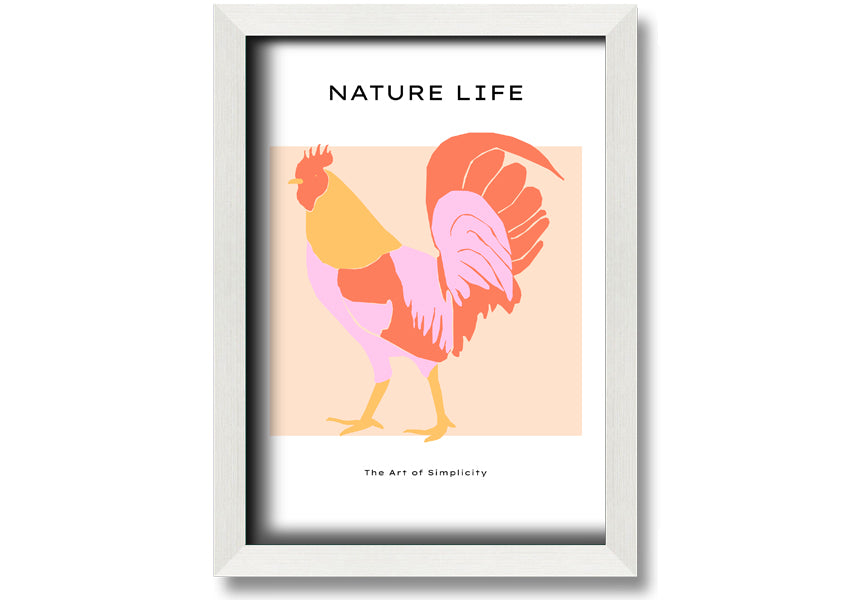 A beautifully framed print of The Walking Cockerel, showcasing vibrant colors and intricate details, ready to hang on the wall.