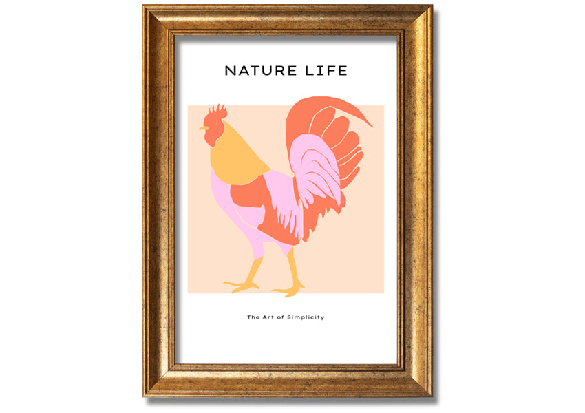 A beautifully framed print of The Walking Cockerel, showcasing vibrant colors and intricate details, ready to hang on the wall.