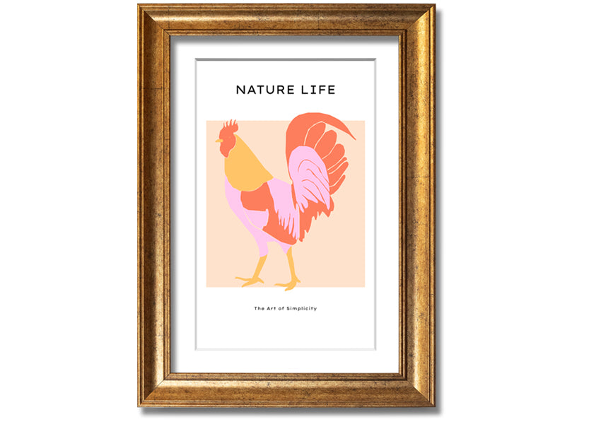 A beautifully framed print of The Walking Cockerel, showcasing vibrant colors and intricate details, ready to hang on the wall.