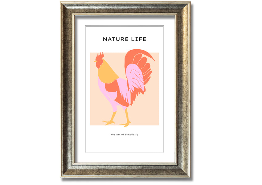 A beautifully framed print of The Walking Cockerel, showcasing vibrant colors and intricate details, ready to hang on the wall.