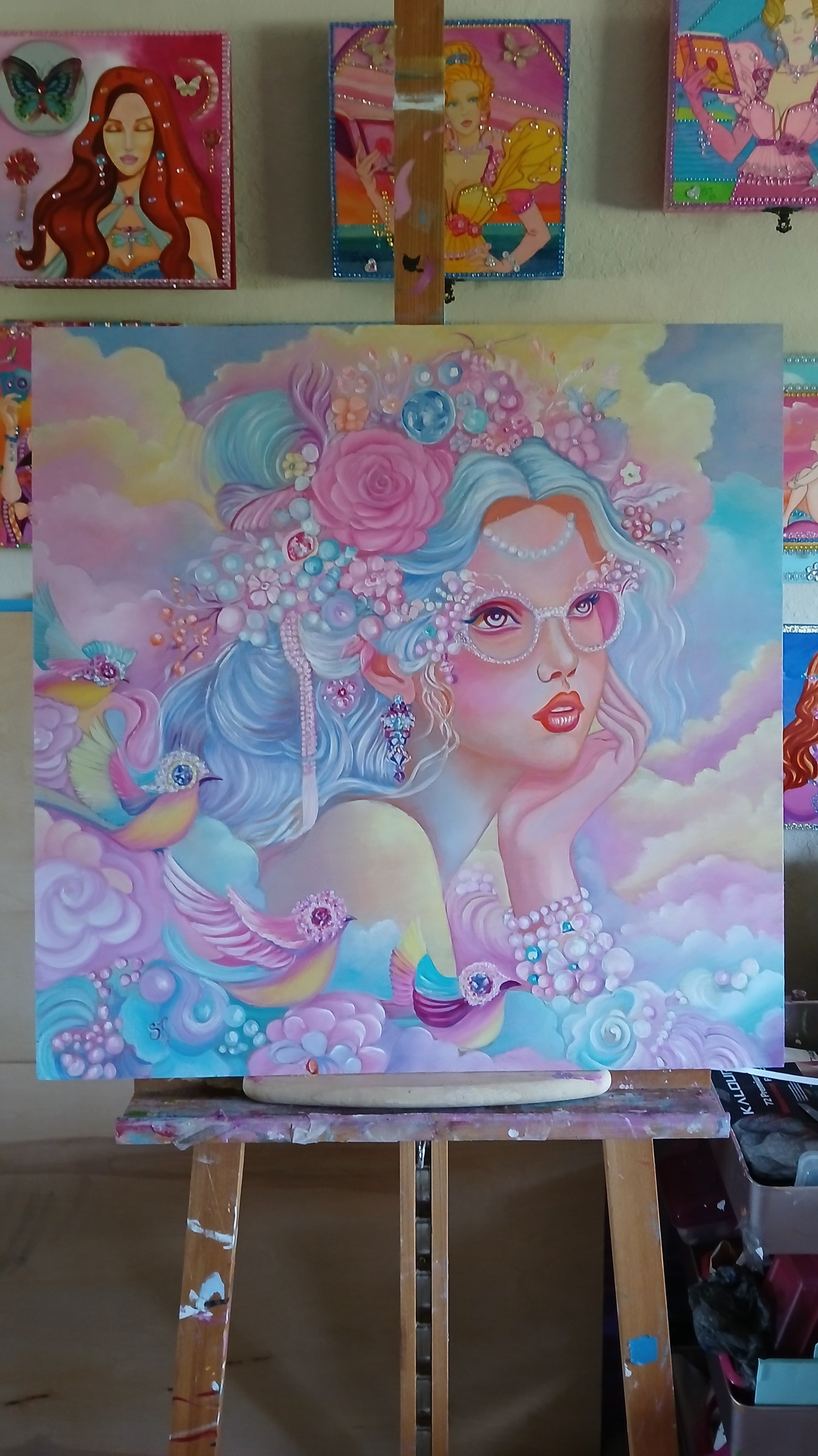 Original oil painting titled 'The Wonder Birds in Blue', featuring vibrant blue birds on a wood panel, measuring 24" x 24".