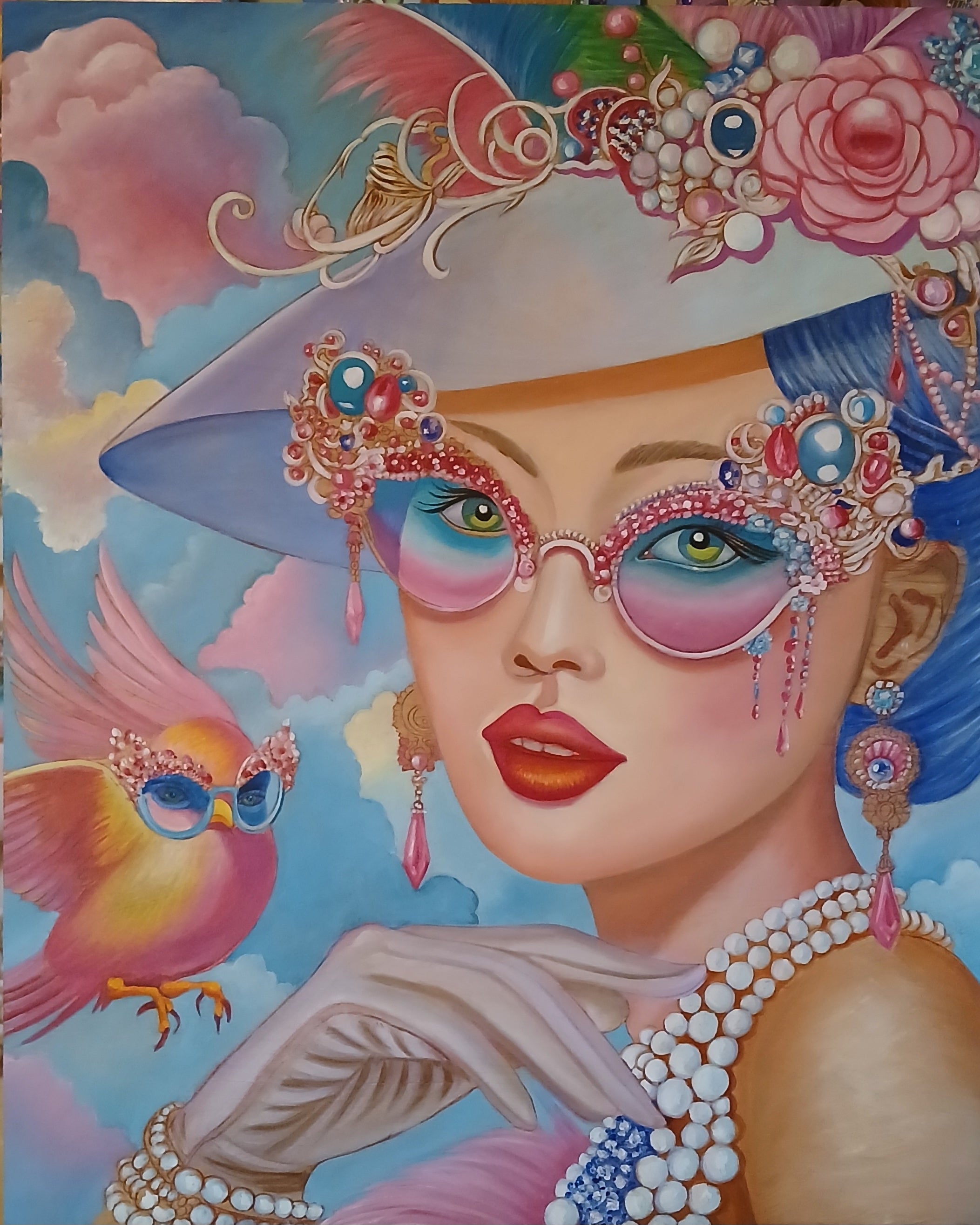 Wonderscape Wonder Birds Gold Original Oil painting on wood panel, featuring vibrant colors and gold accents, measuring 20x20 inches.