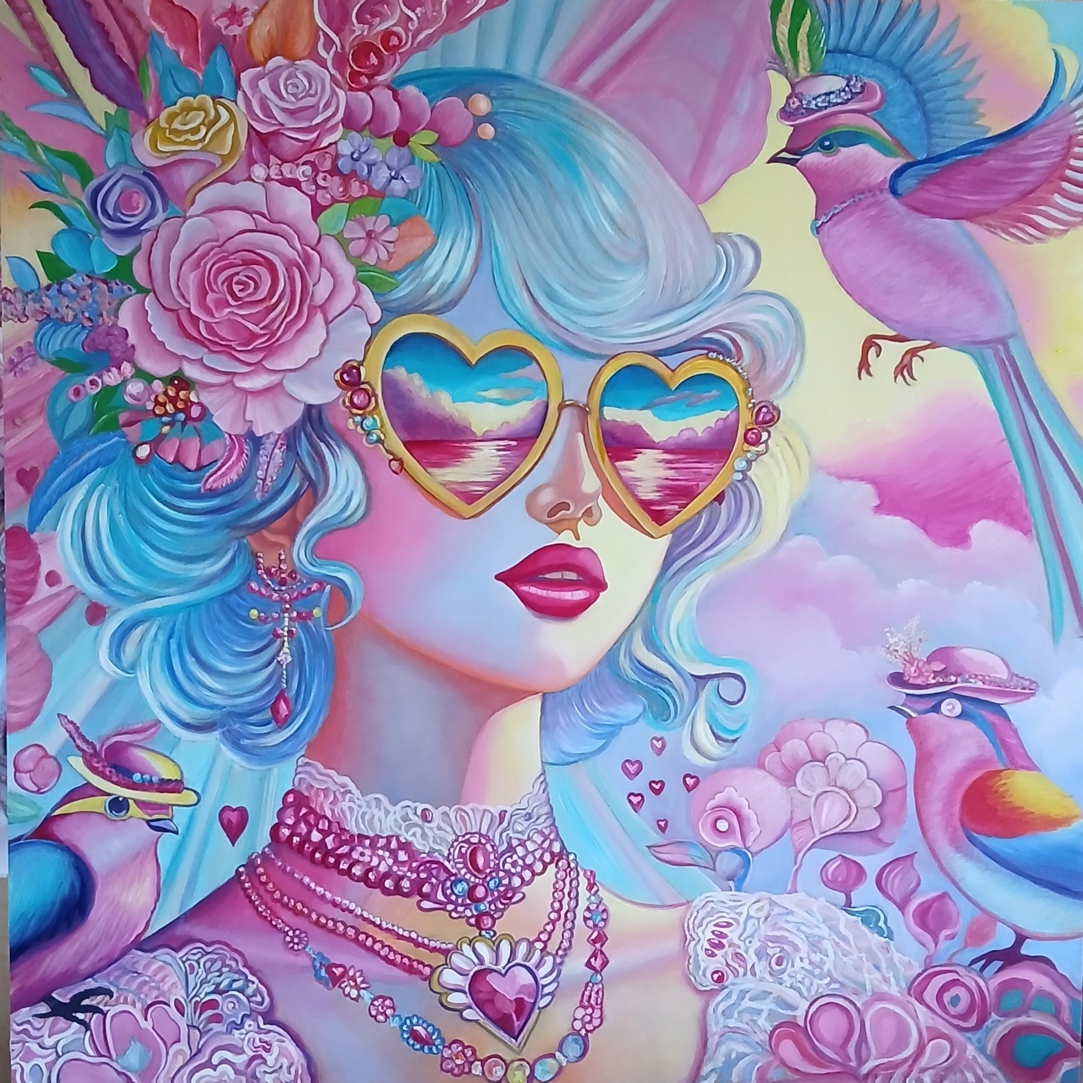 A vibrant oil painting of whimsical birds in a colorful landscape on a 24x24 inch wood panel by artist Sharon Tatem.