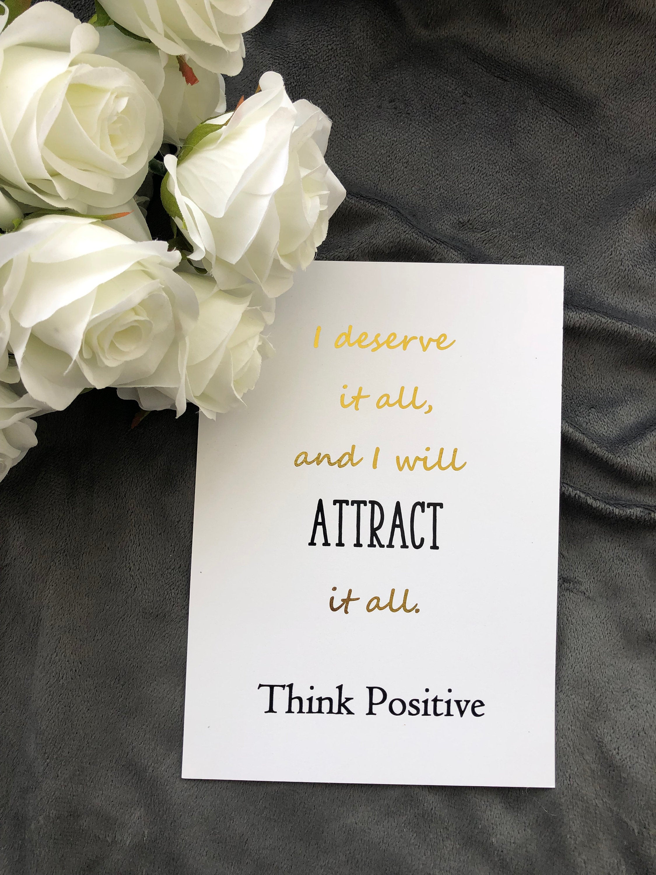 Think Positive Foil Print featuring a white background with a gold foil positivity quote, perfect for home decor.