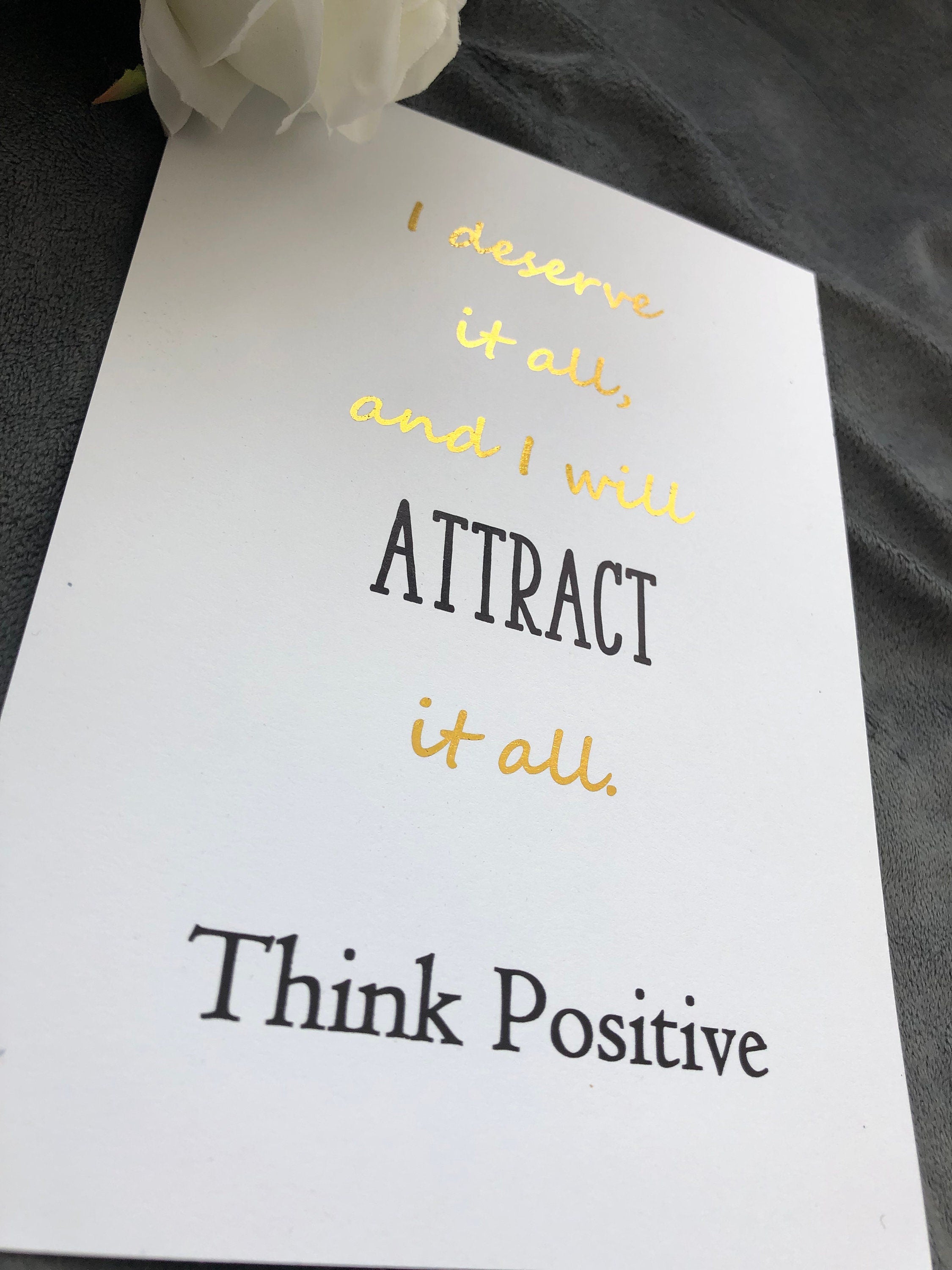Think Positive Foil Print featuring a white background with a gold foil positivity quote, perfect for home decor.