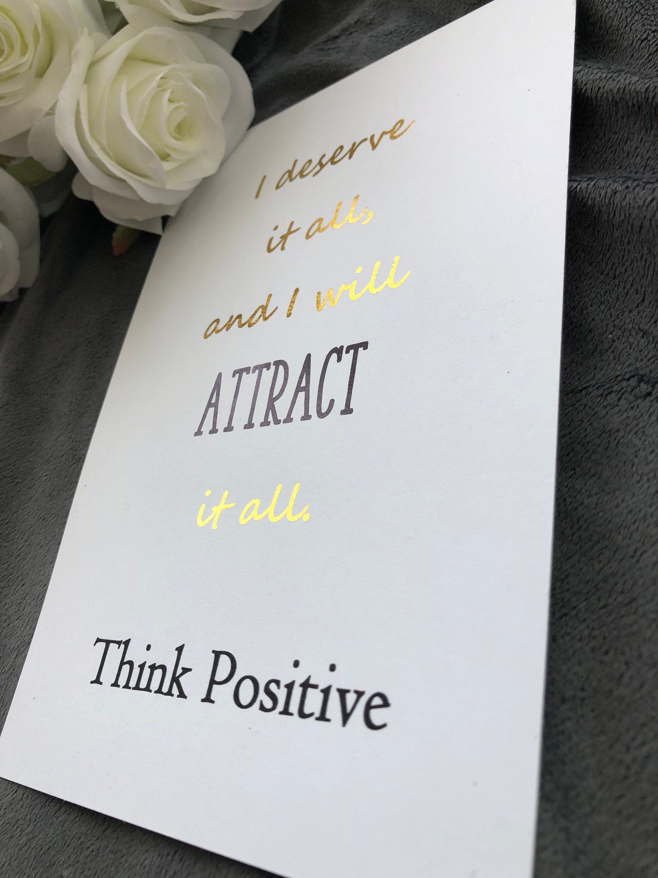 Think Positive Foil Print featuring a white background with a gold foil positivity quote, perfect for home decor.