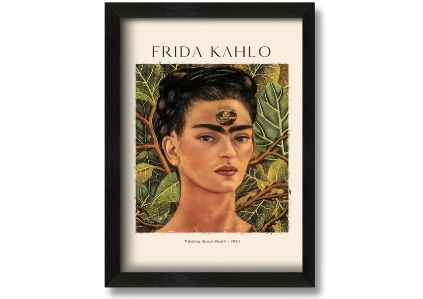 Frida Kahlo's 'Thinking About Death' canvas art, featuring vibrant colors and intricate details, mounted on a 44mm box frame.