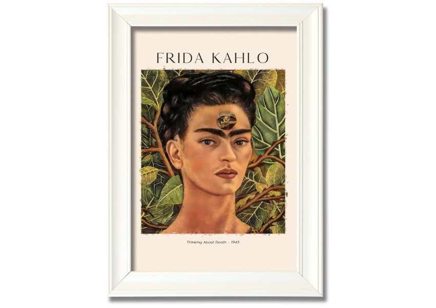 Frida Kahlo's 'Thinking About Death' canvas art, featuring vibrant colors and intricate details, mounted on a 44mm box frame.
