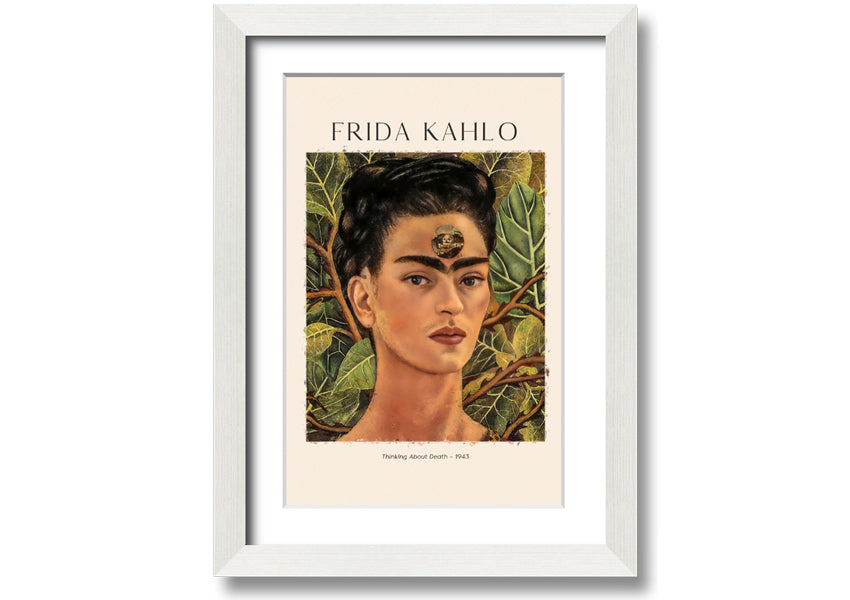 Frida Kahlo's 'Thinking About Death' canvas art, featuring vibrant colors and intricate details, mounted on a 44mm box frame.