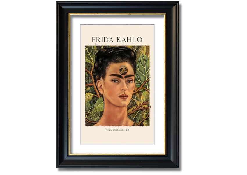 Frida Kahlo's 'Thinking About Death' canvas art, featuring vibrant colors and intricate details, mounted on a 44mm box frame.