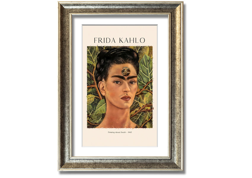 Frida Kahlo's 'Thinking About Death' canvas art, featuring vibrant colors and intricate details, mounted on a 44mm box frame.