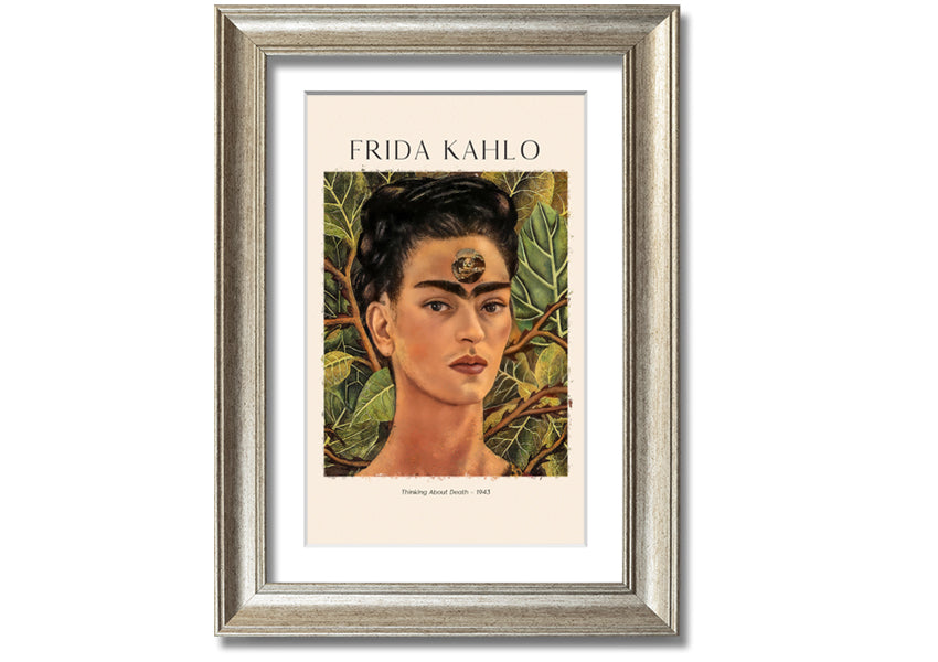 Frida Kahlo's 'Thinking About Death' canvas art, featuring vibrant colors and intricate details, mounted on a 44mm box frame.