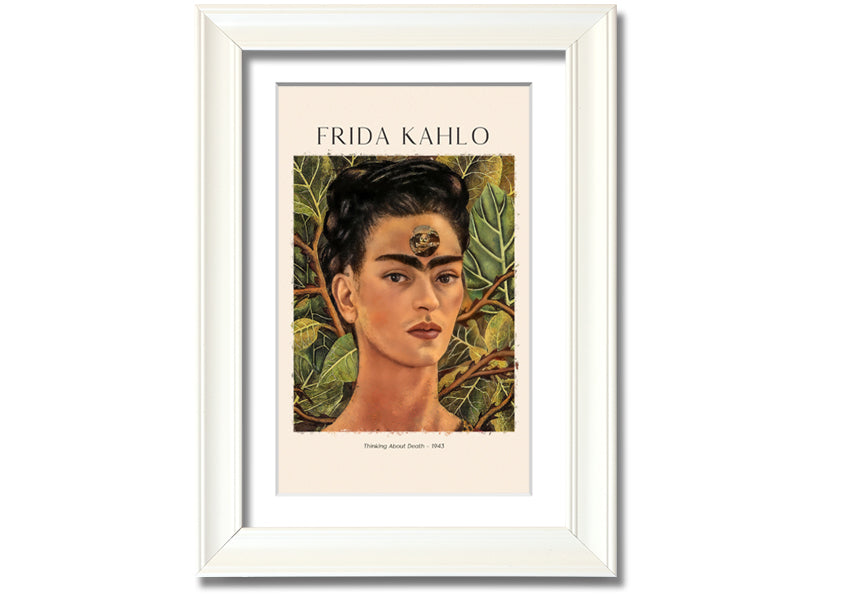 Frida Kahlo's 'Thinking About Death' canvas art, featuring vibrant colors and intricate details, mounted on a 44mm box frame.