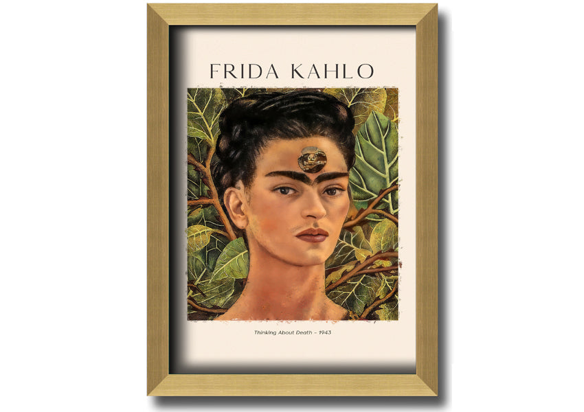 Frida Kahlo's 'Thinking About Death' canvas art, featuring vibrant colors and intricate details, mounted on a 44mm box frame.