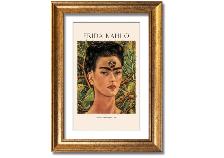 Frida Kahlo's 'Thinking About Death' canvas art, featuring vibrant colors and intricate details, mounted on a 44mm box frame.
