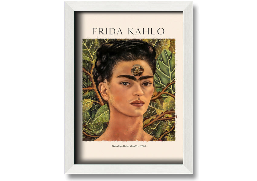 Frida Kahlo's 'Thinking About Death' canvas art, featuring vibrant colors and intricate details, mounted on a 44mm box frame.
