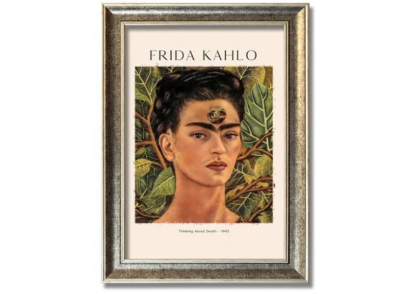 Frida Kahlo's 'Thinking About Death' canvas art, featuring vibrant colors and intricate details, mounted on a 44mm box frame.