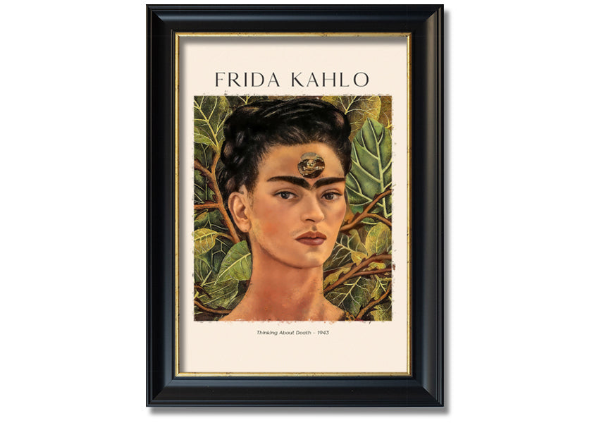 Frida Kahlo's 'Thinking About Death' canvas art, featuring vibrant colors and intricate details, mounted on a 44mm box frame.