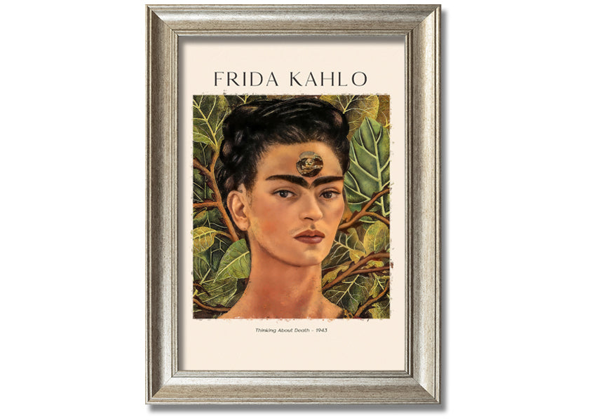 Frida Kahlo's 'Thinking About Death' canvas art, featuring vibrant colors and intricate details, mounted on a 44mm box frame.
