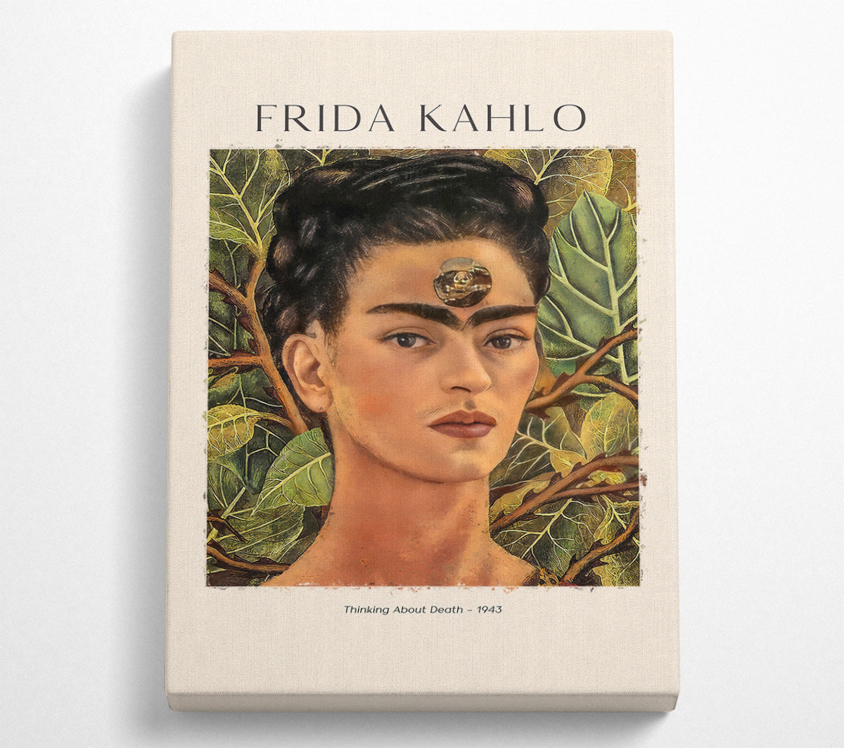 Frida Kahlo's 'Thinking About Death' canvas art, featuring vibrant colors and emotional depth, mounted on a sturdy box frame.