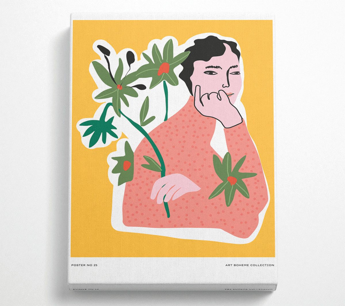 A vibrant artwork titled Thinking Flower Woman, printed on coated polyester canvas, showcasing a woman surrounded by colorful flowers.