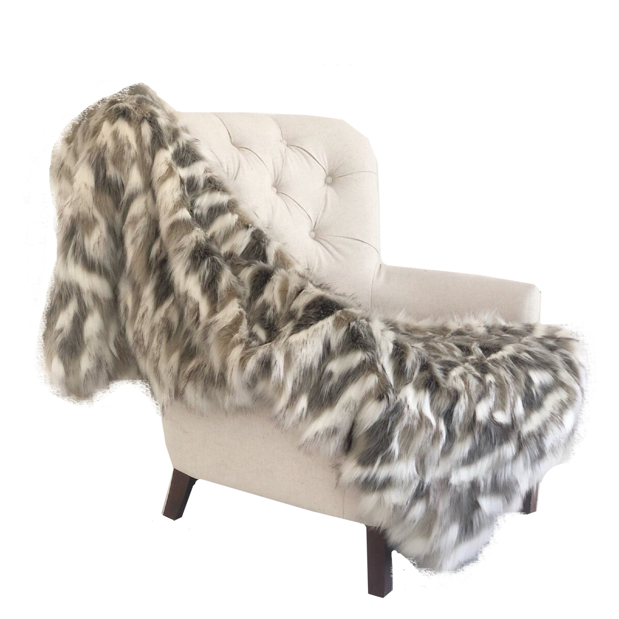 Luxurious Tibet Faux Fox Handmade Luxury Throw in ivory beige and gray, showcasing soft faux fur and microfiber backing.