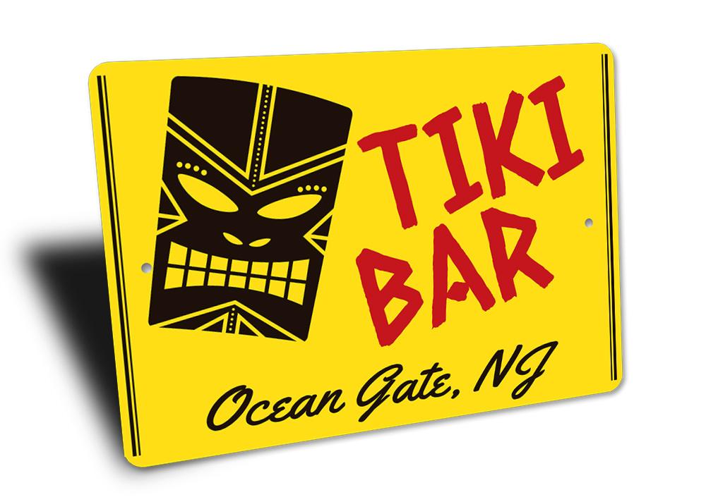 Colorful Tiki Head Sign made of aluminum, featuring intricate designs and vibrant colors, perfect for wall decoration.