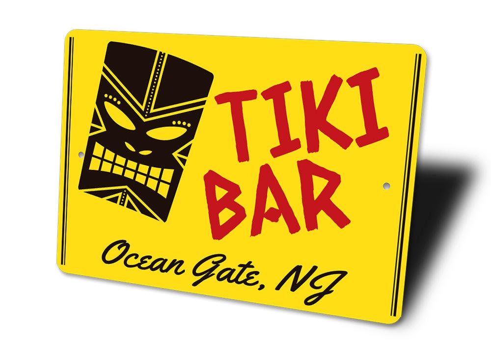 Colorful Tiki Head Sign made of aluminum, featuring intricate designs and vibrant colors, perfect for wall decoration.