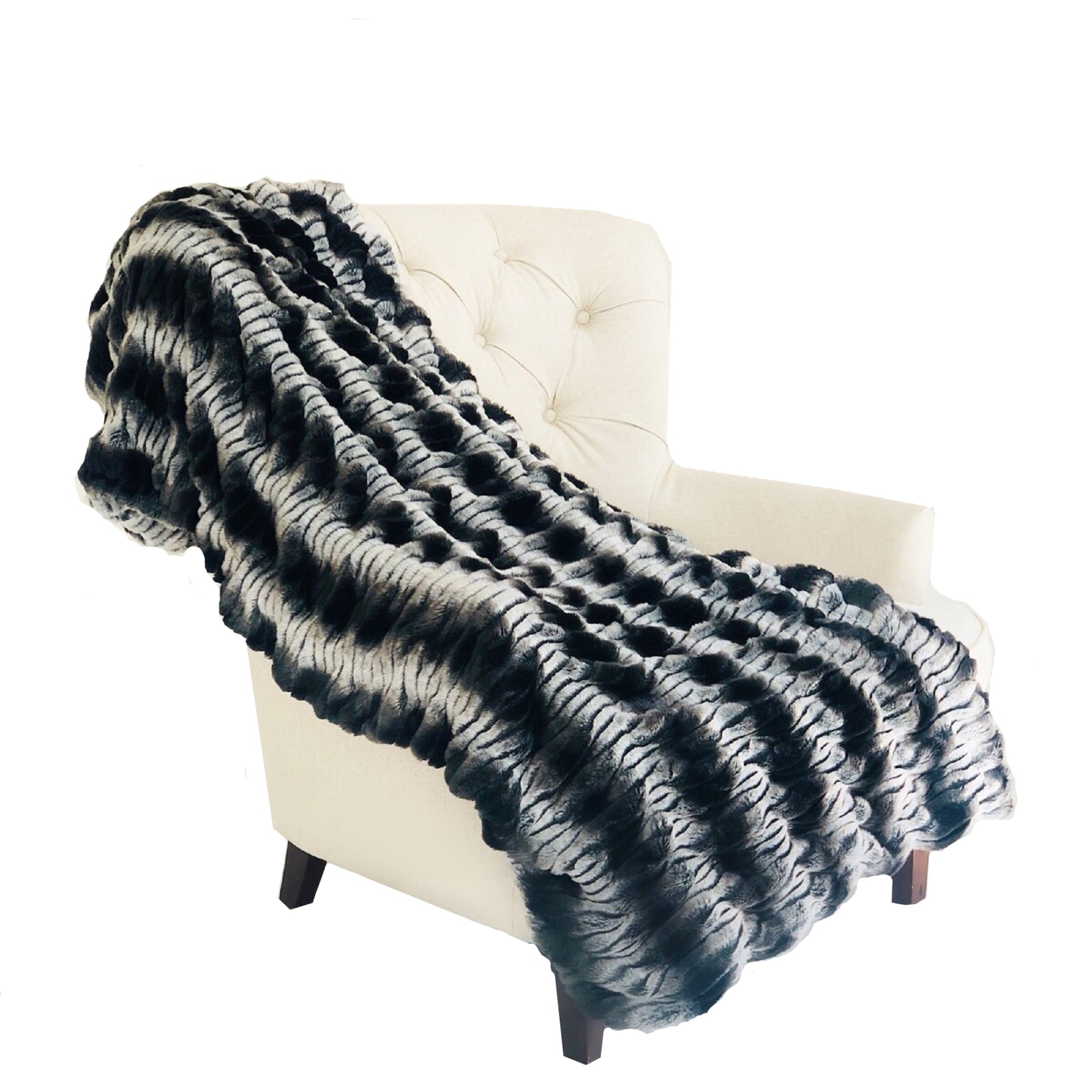 Tissavel Char-pei Gray and Black Chinchilla Faux Fur Luxury Throw showcasing its plush texture and elegant design.