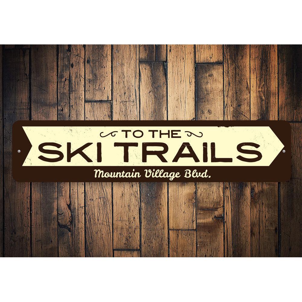 To the Ski Trails Arrow Sign made of durable aluminum, featuring a ski trail design with customizable text options.