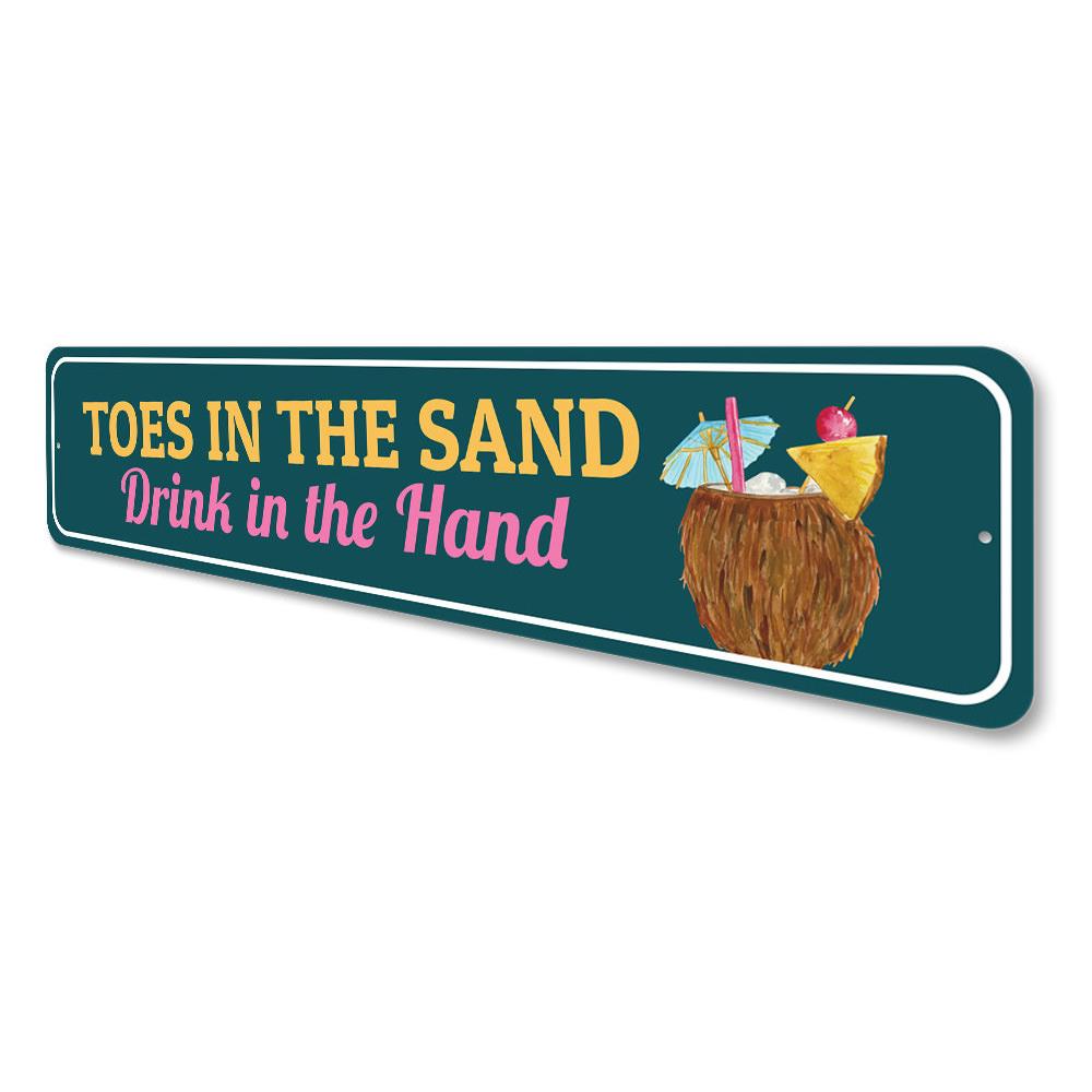 Toes in the Sand Sign featuring beach-themed design, made from high-quality aluminum, perfect for coastal decor.