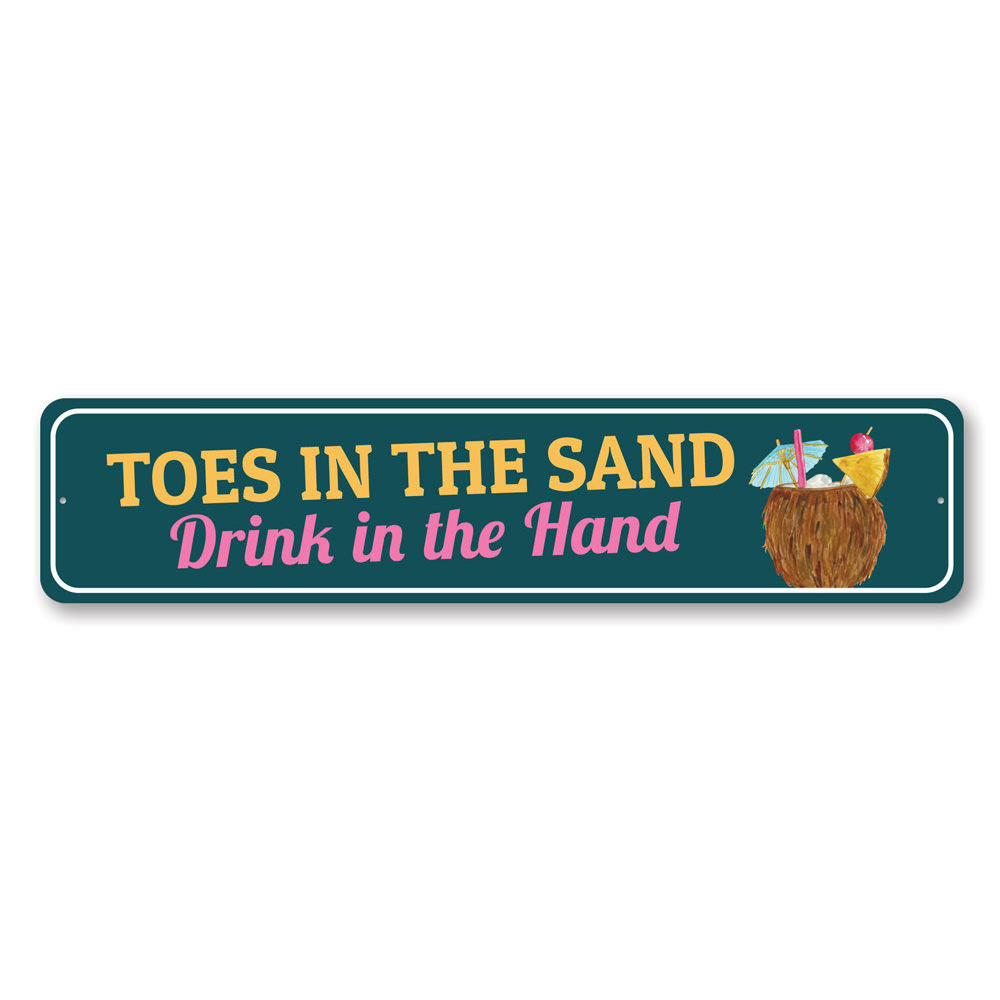 Toes in the Sand Sign featuring beach-themed design, made from high-quality aluminum, perfect for coastal decor.