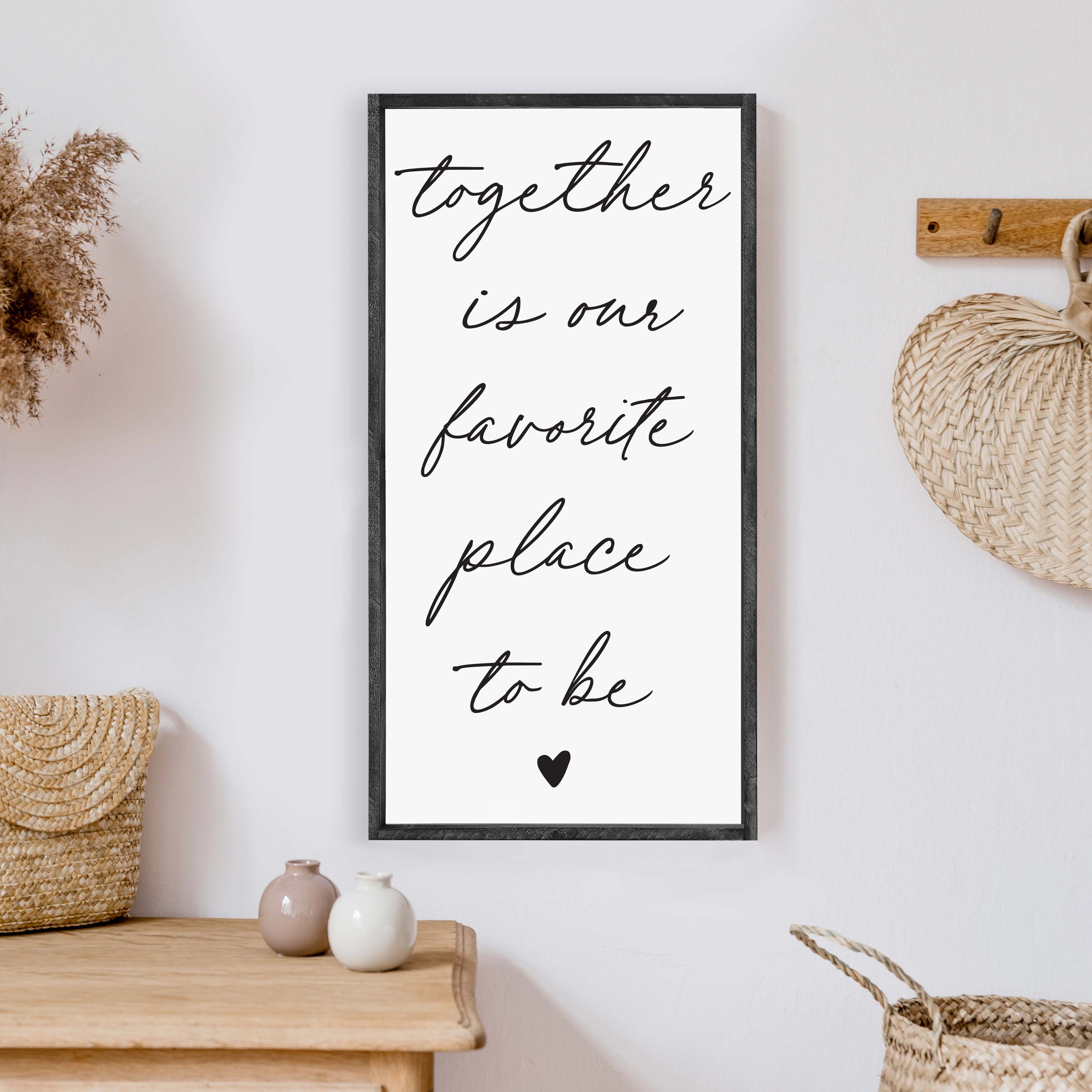 Together Is Our Favorite Place To Be Wood Sign, measuring 13x25 inches, featuring a rustic wood stain frame and waterproof white text.
