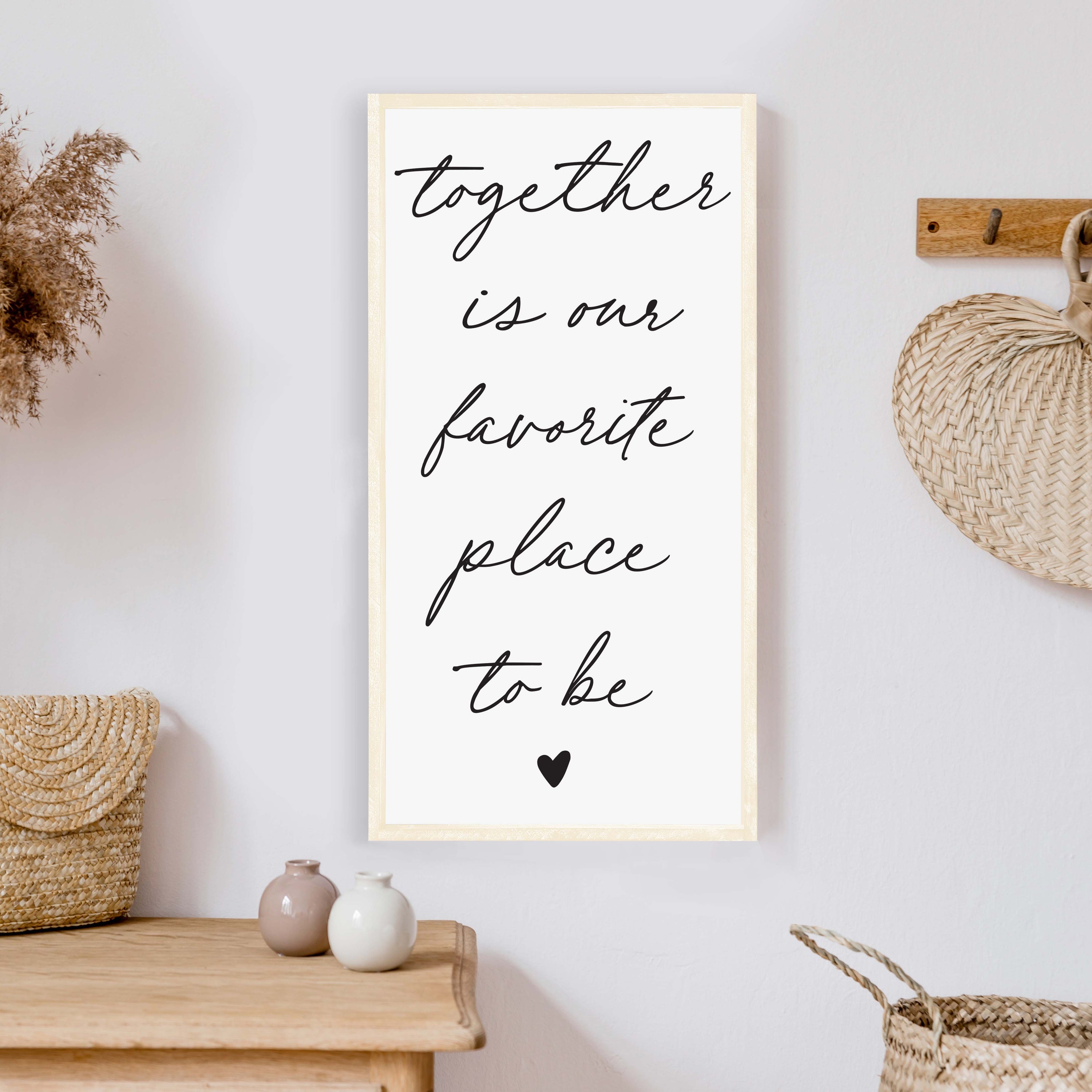 Together Is Our Favorite Place To Be Wood Sign, measuring 13x25 inches, featuring a rustic wood stain frame and waterproof white text.