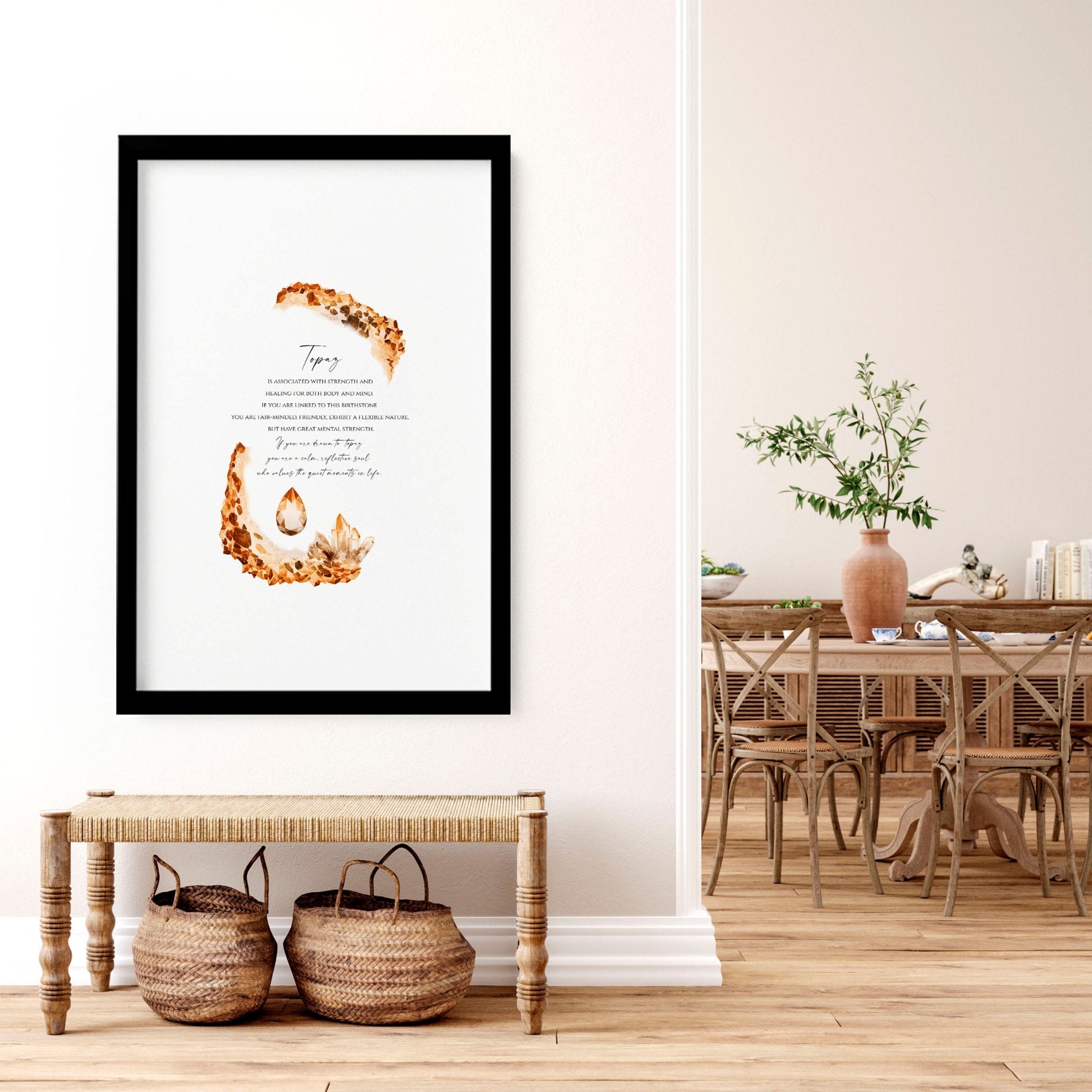 Framed wall art print featuring the Topaz birthstone in warm golden-brown hues, showcasing its shimmering facets and radiant glow.