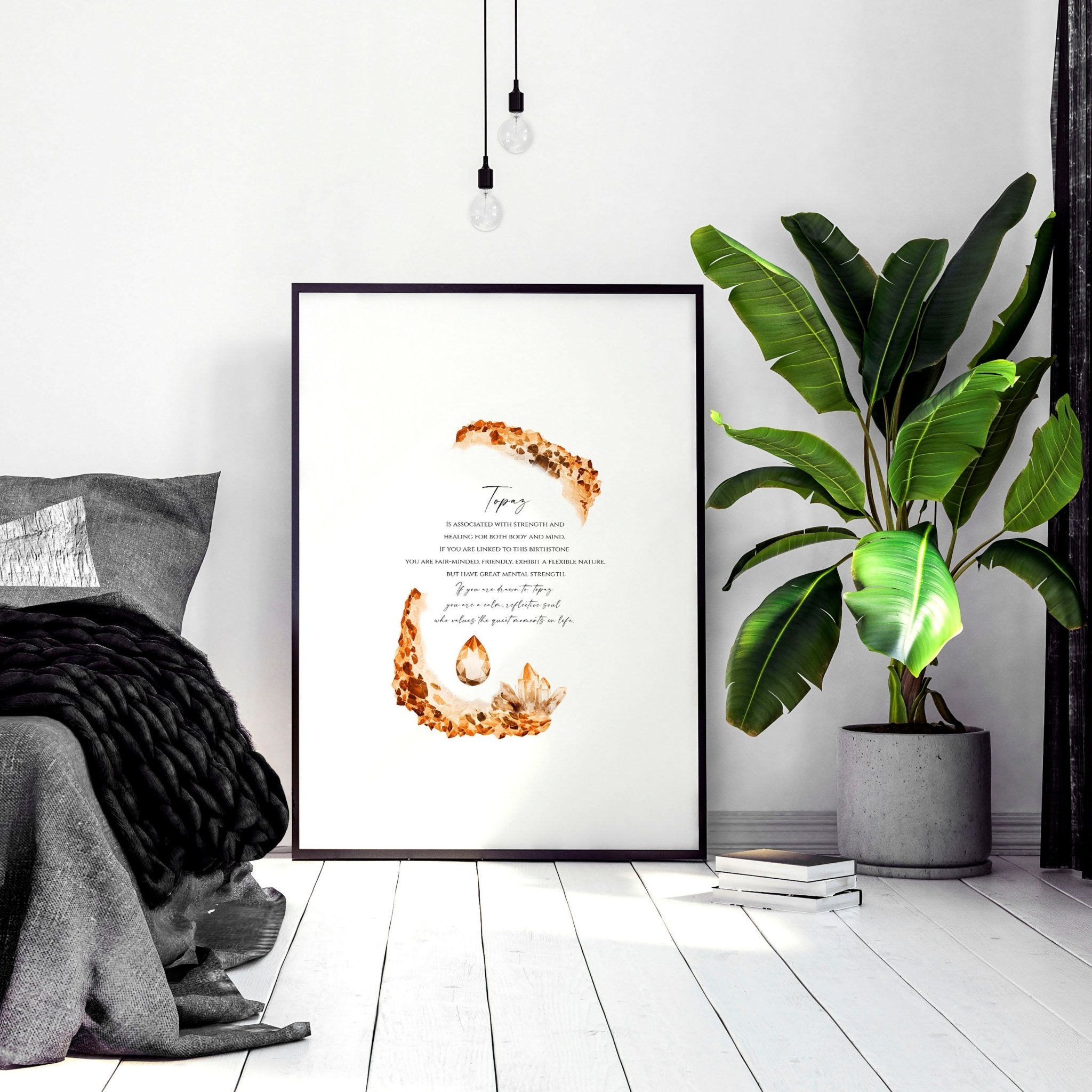 Framed wall art print featuring the Topaz birthstone in warm golden-brown hues, showcasing its shimmering facets and radiant glow.