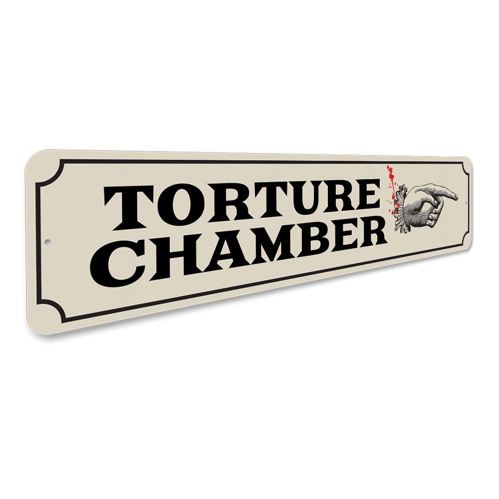 Torture Chamber Sign featuring spooky design, made from durable aluminum, perfect for Halloween decorations.