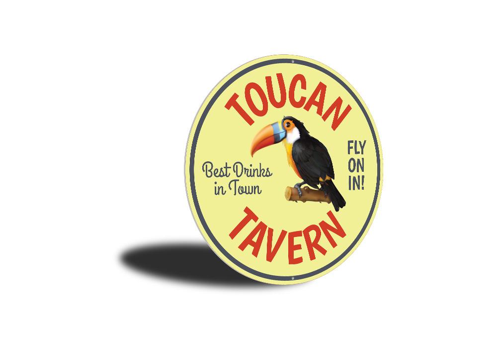 Toucan Tavern Beach Bar Sign made of quality aluminum, featuring vibrant colors and a beach-themed design, perfect for home decor.