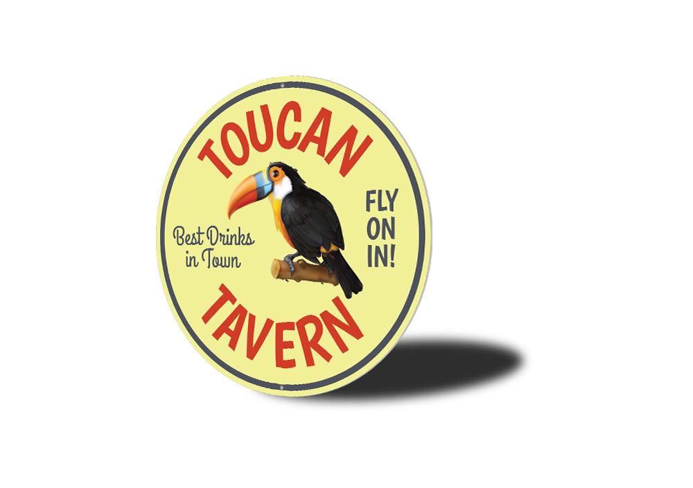 Toucan Tavern Beach Bar Sign made of quality aluminum, featuring vibrant colors and a beach-themed design, perfect for home decor.