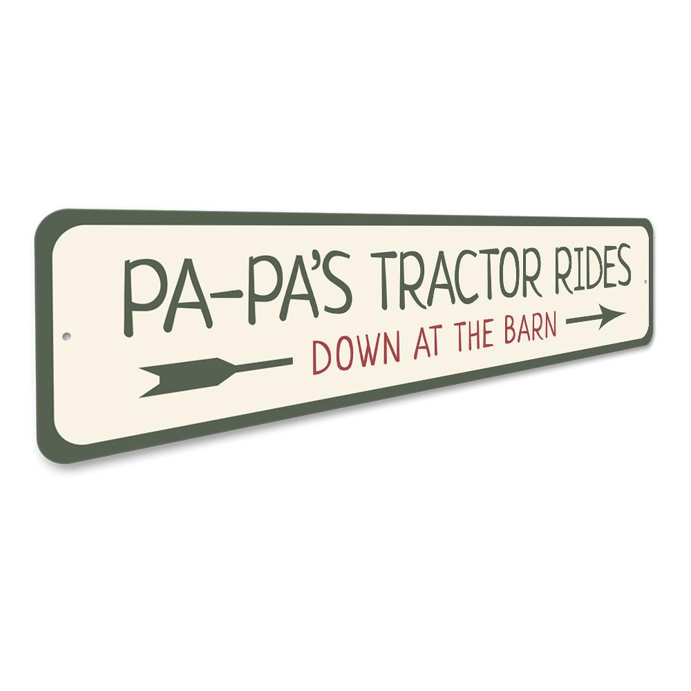 A decorative Tractor Rides Sign made of high-quality aluminum, featuring customizable text and pre-drilled holes for easy mounting.