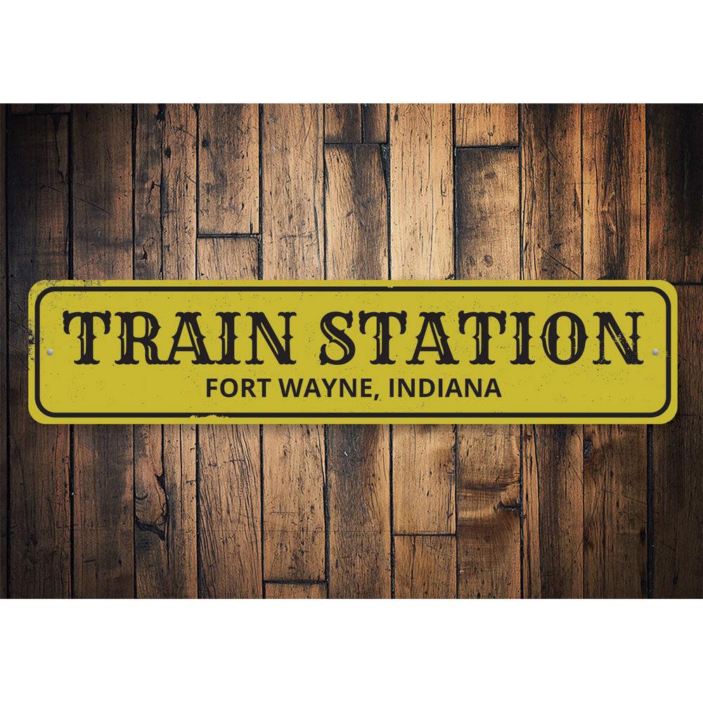Customizable Train Station City State Sign made of high-quality aluminum, featuring pre-drilled holes for easy mounting.