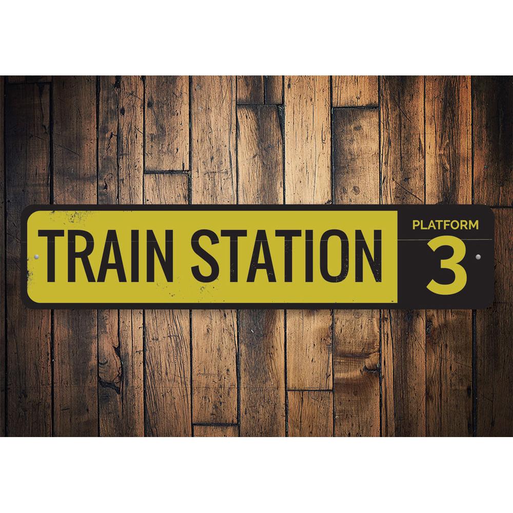 Customizable Train Station Platform Number Sign made from durable aluminum, featuring pre-drilled holes for easy mounting.