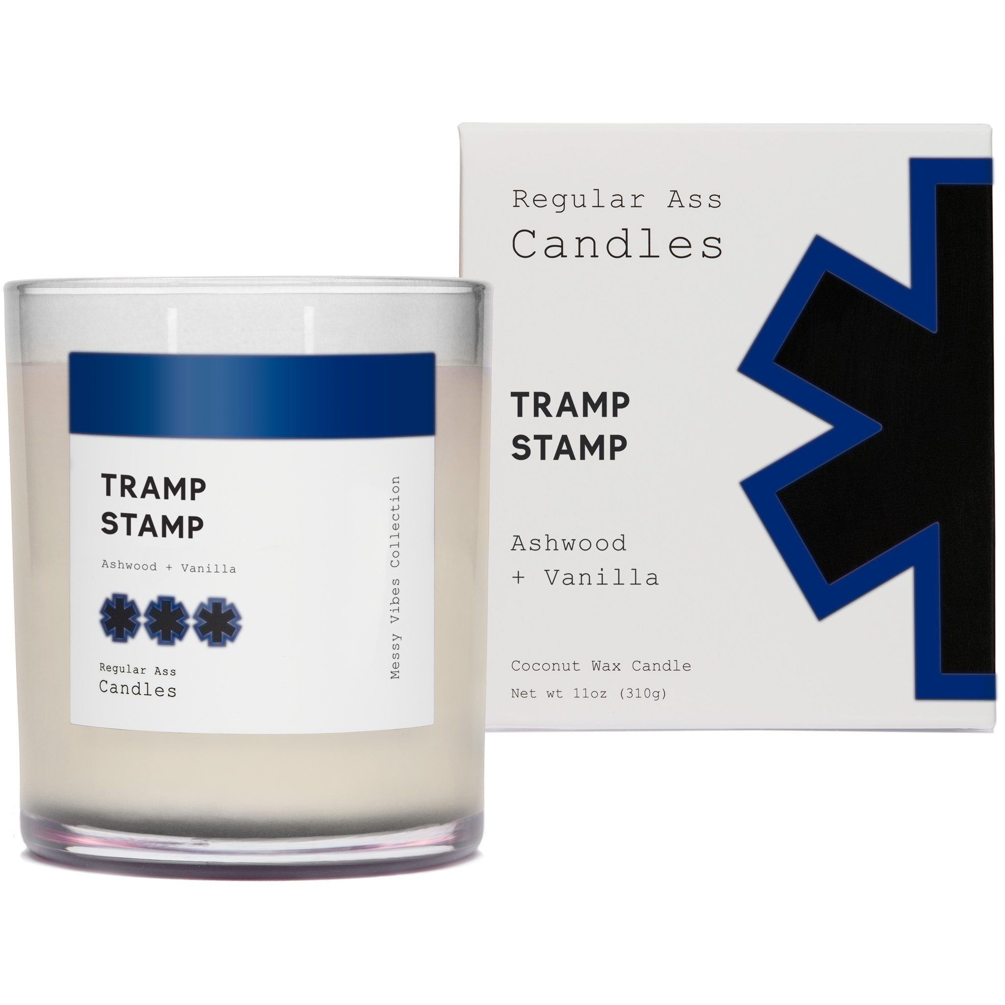 Tramp Stamp Candle featuring Smoked Cedar and Vanilla scents in a stylish jar, perfect for home decor and gifting.