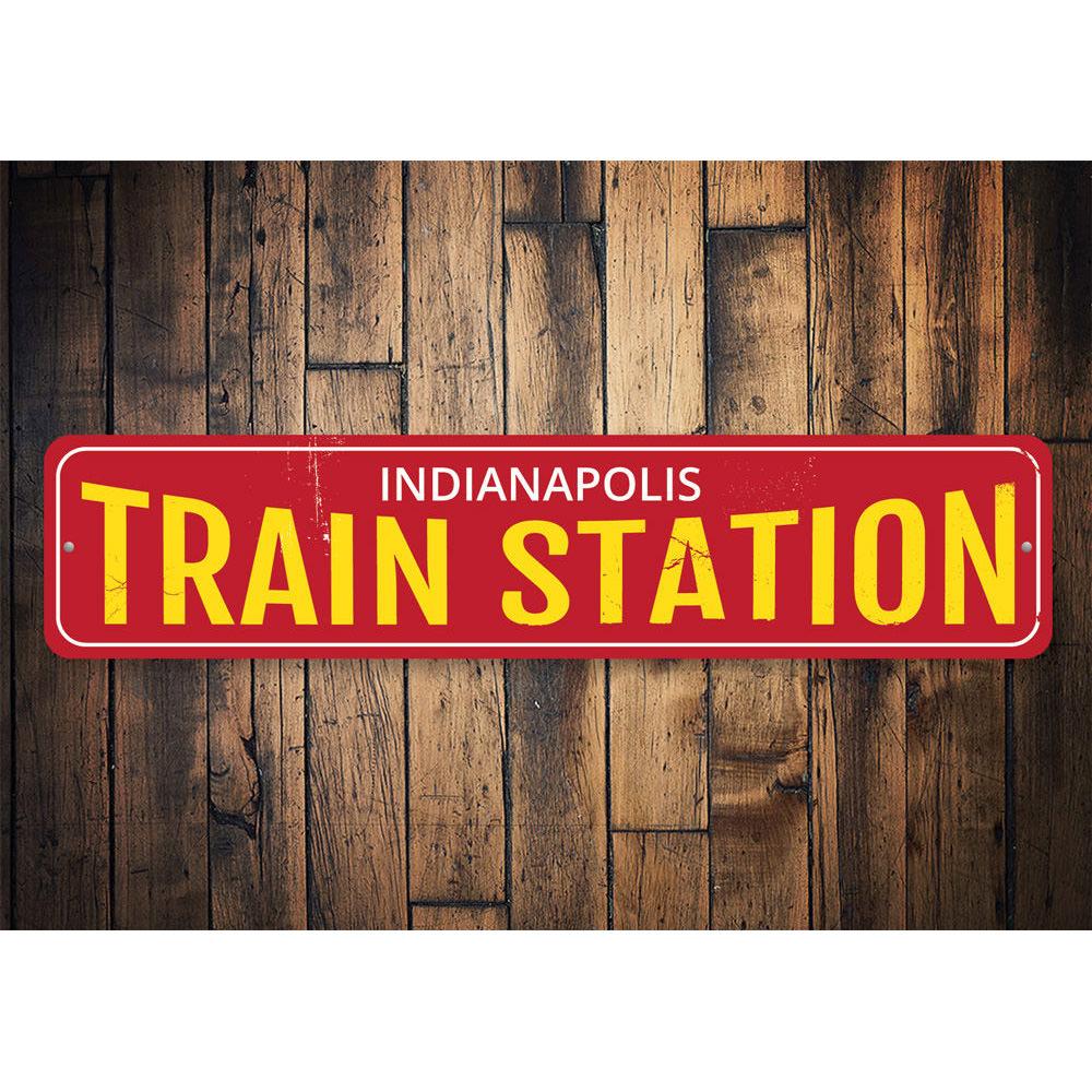 Tran Station City Sign made of durable aluminum, featuring customizable text and pre-drilled holes for easy mounting.