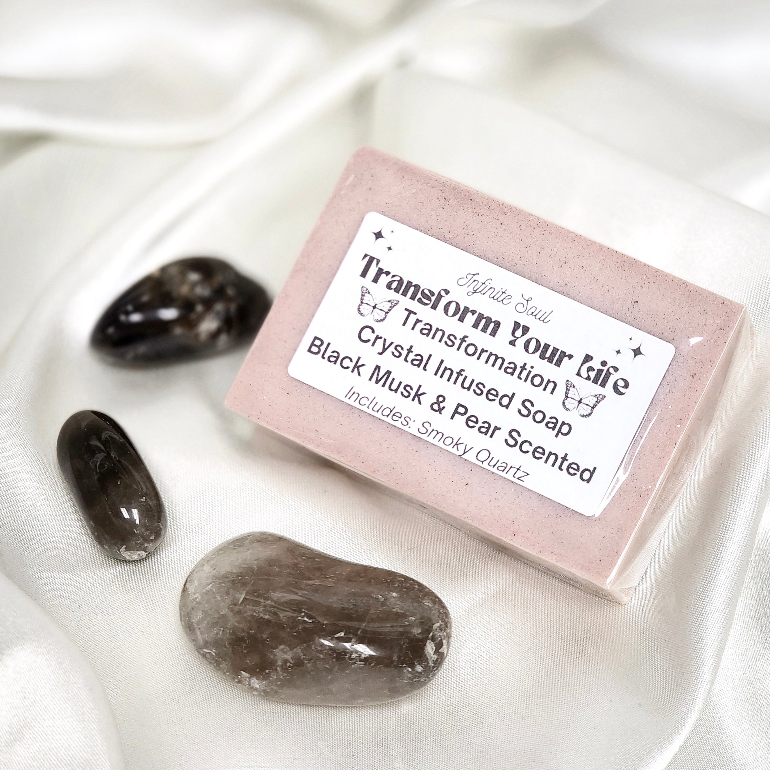 Transformation Crystal Infused Soap in Black Musk, featuring a luxurious texture and crystal infusion for spiritual healing.