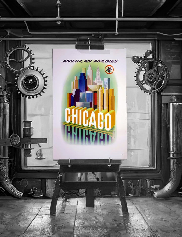 Travel Chicago via United Airlines Remastered Poster Print framed in a solid MDF wood frame, showcasing vibrant graphics and a matte finish.