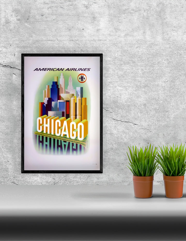Travel Chicago via United Airlines Remastered Poster Print framed in a solid MDF wood frame, showcasing vibrant graphics and a matte finish.