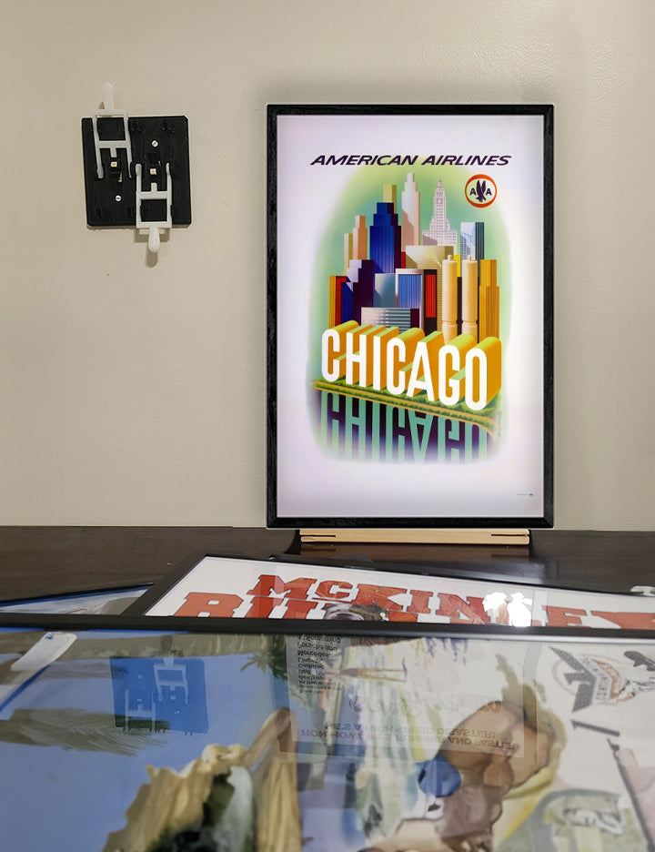 Travel Chicago via United Airlines Remastered Poster Print framed in a solid MDF wood frame, showcasing vibrant graphics and a matte finish.